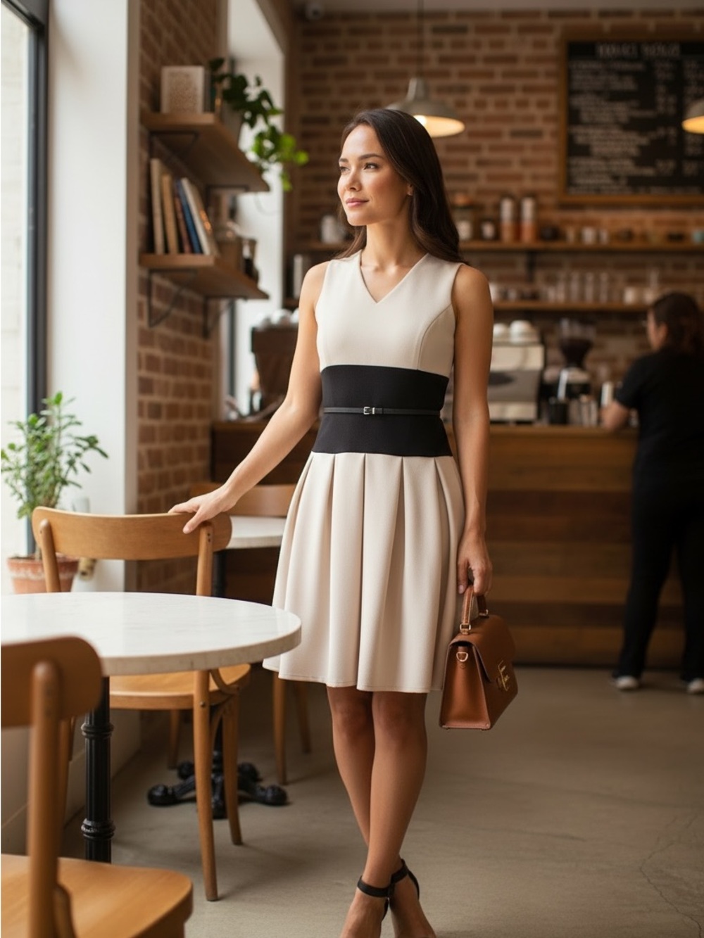 New Calvin Klein Cream Midi Dress with Black Waistband Size 4